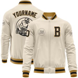 Custom Cream Black Old Gold Bomber Varsity&hellip;