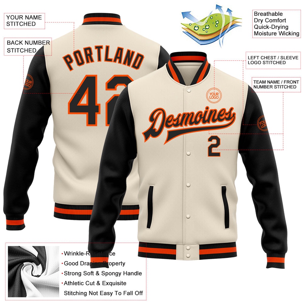 Custom Cream Black Orange Bomber Full Snap Varsity Baseball Jacket, Custom Team Jacket