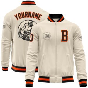 Custom Cream Black Orange Bomber Varsity Baseball&hellip;