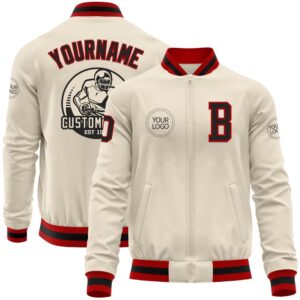 Custom Cream Black Red Bomber Varsity Baseball&hellip;