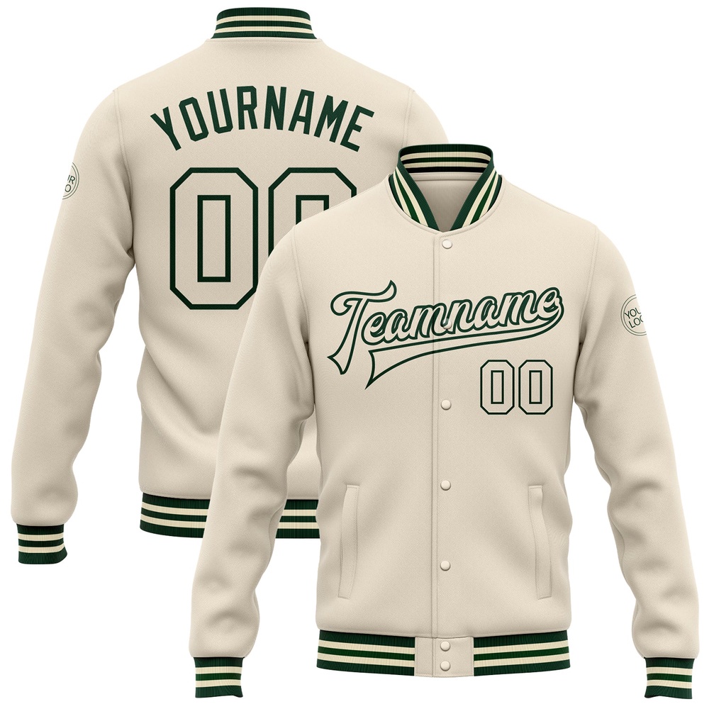 Custom Cream Cream Green Bomber Full Snap Baseball Jacket, Custom Team Jacket