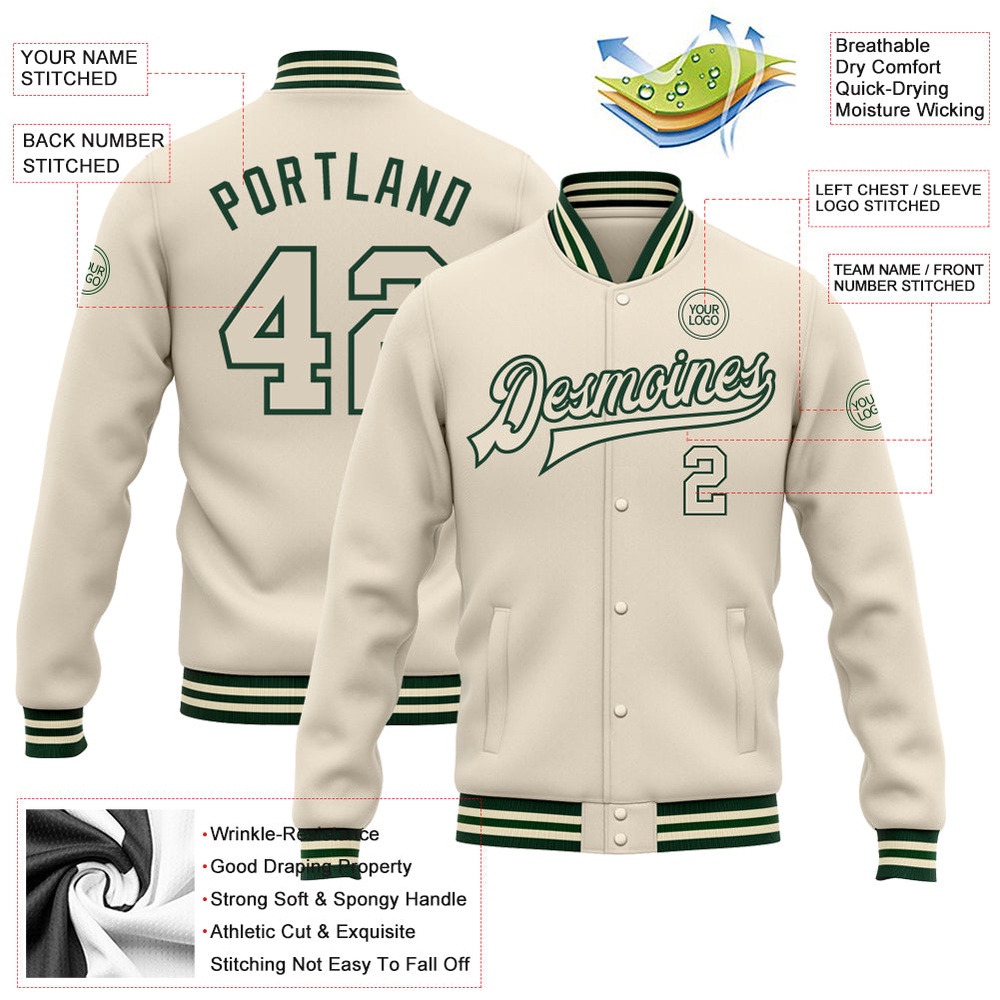 Custom Cream Cream Green Bomber Full Snap Baseball Jacket, Custom Team Jacket