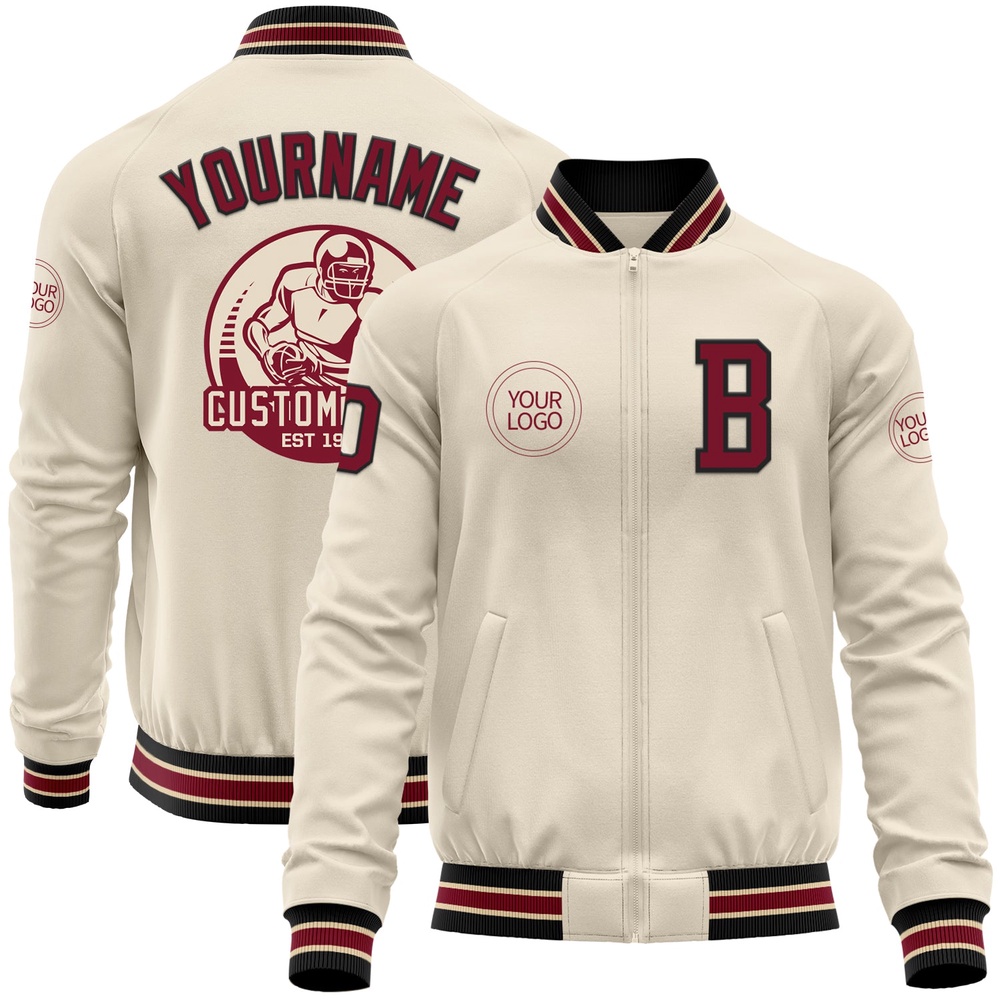 Custom Cream Crimson Black City Cream Bomber Varsity Baseball Jacket, Custom Team Jacket Custom Cream Crimson Black City Cream Bomber Varsity Baseball Jacket, Custom Team Jacket
