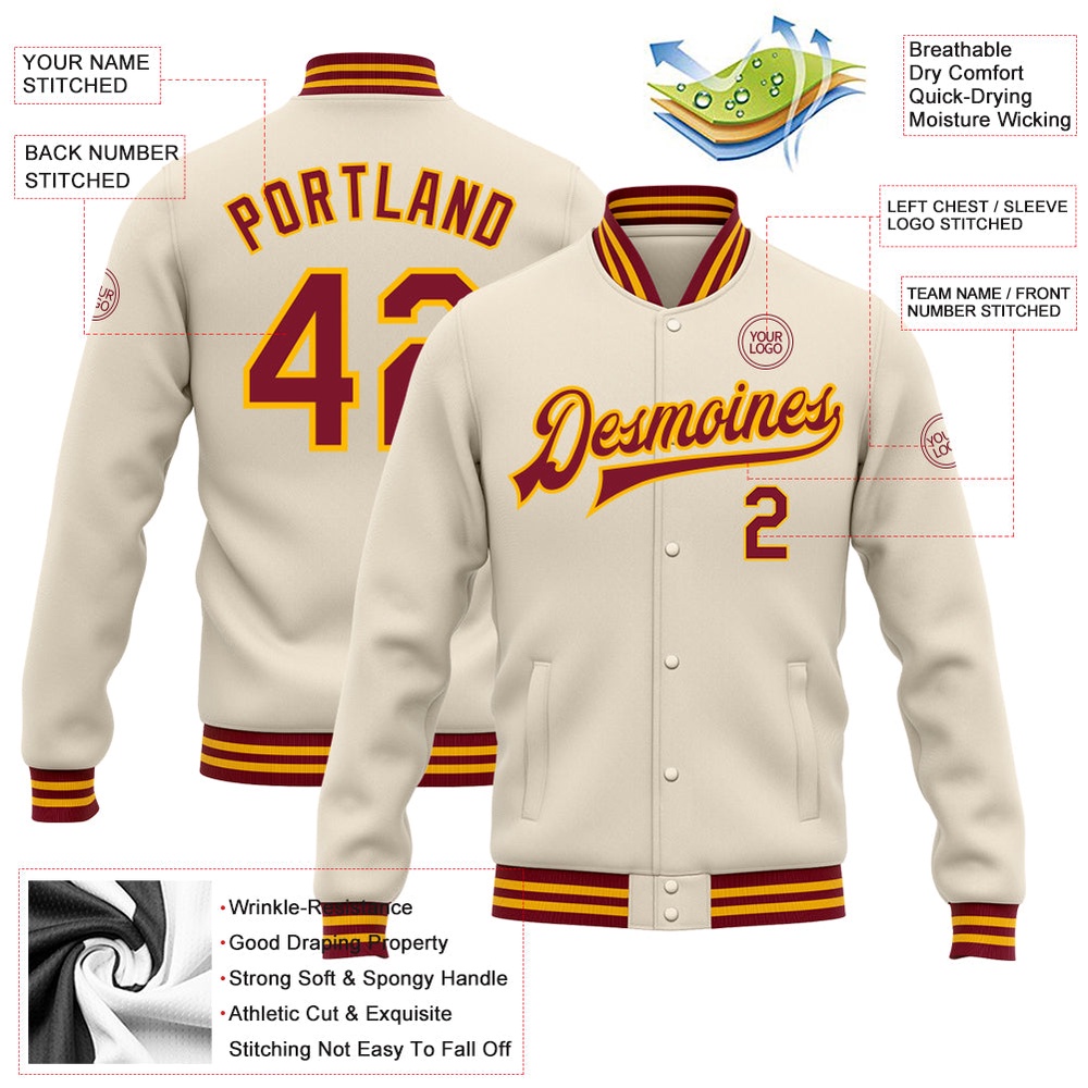 Custom Cream Crimson Gold Bomber Full Snap Baseball Jacket, Custom Team Jacket