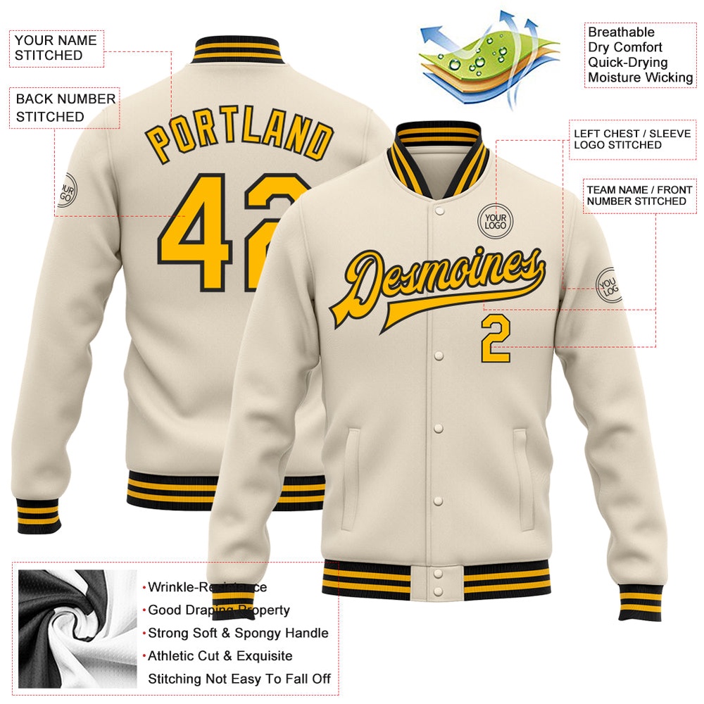 Custom Cream Gold Black Bomber Full Snap Baseball Jacket, Custom Team Jacket