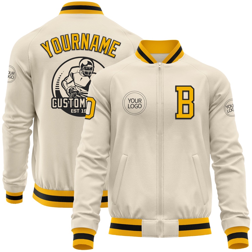 Custom Cream Gold Black Bomber Varsity Baseball Jacket, Custom Team Jacket