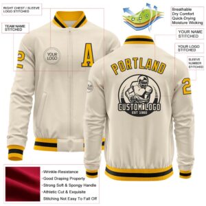 Custom Cream Gold Black Bomber Varsity Baseball&hellip;