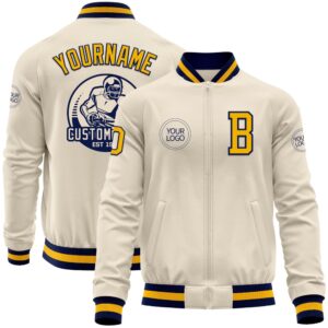 Custom Cream Gold Navy Bomber Varsity Baseball&hellip;