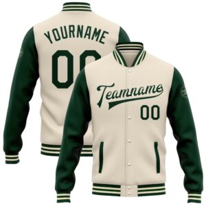 Custom Cream Green Bomber Full Snap Varsity&hellip;