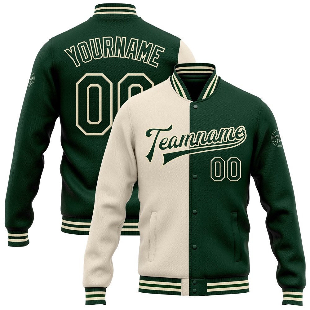 Custom Cream Green Bomber Full Snap Varsity Letterman Split Fashion Jacket, Custom Team Jacket