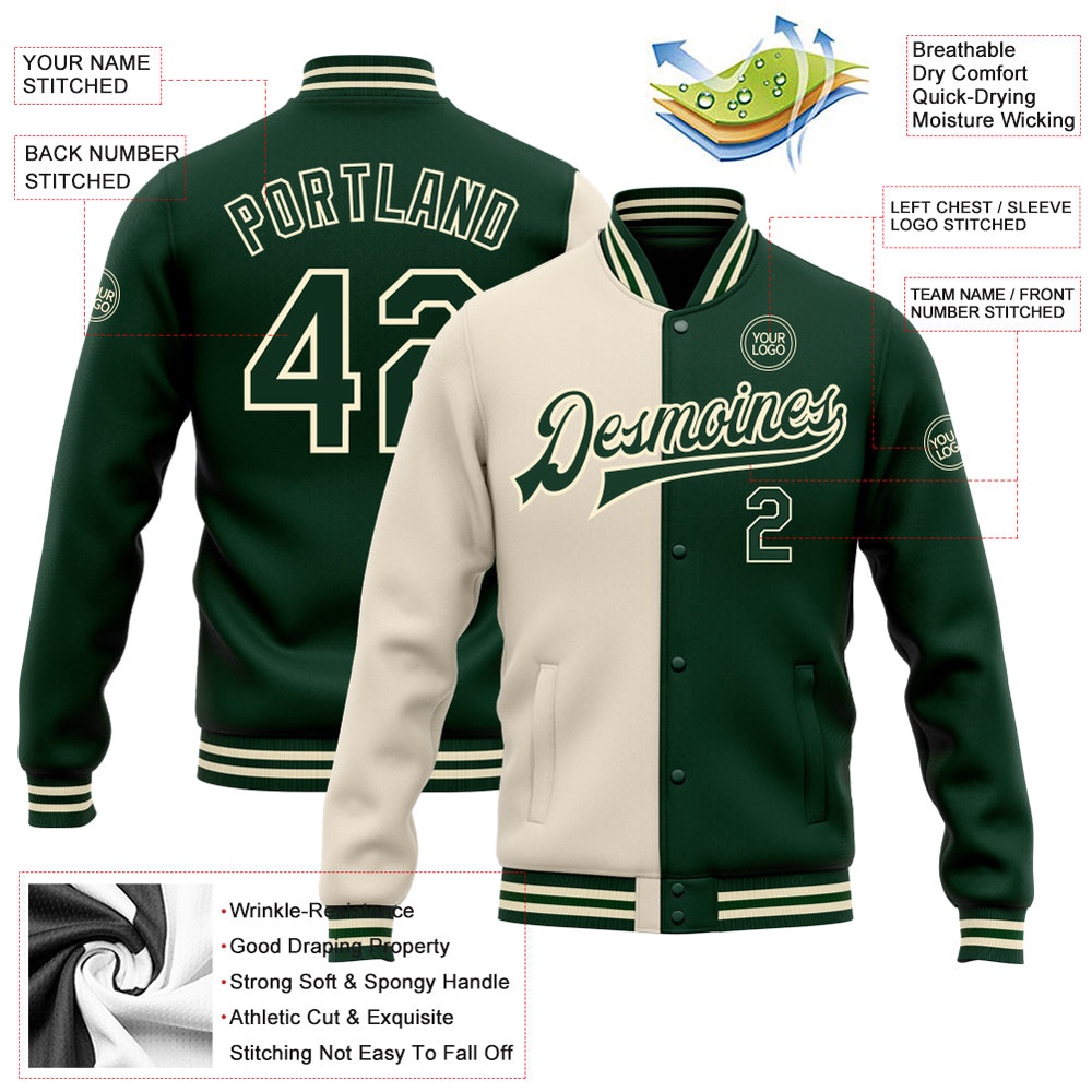 Custom Cream Green Bomber Full Snap Varsity Letterman Split Fashion Jacket, Custom Team Jacket