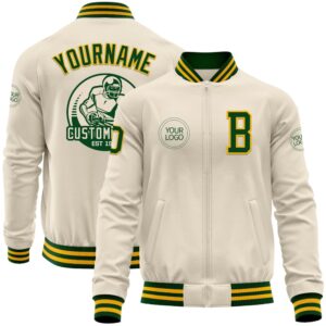 Custom Cream Green Gold Bomber Varsity Baseball&hellip;