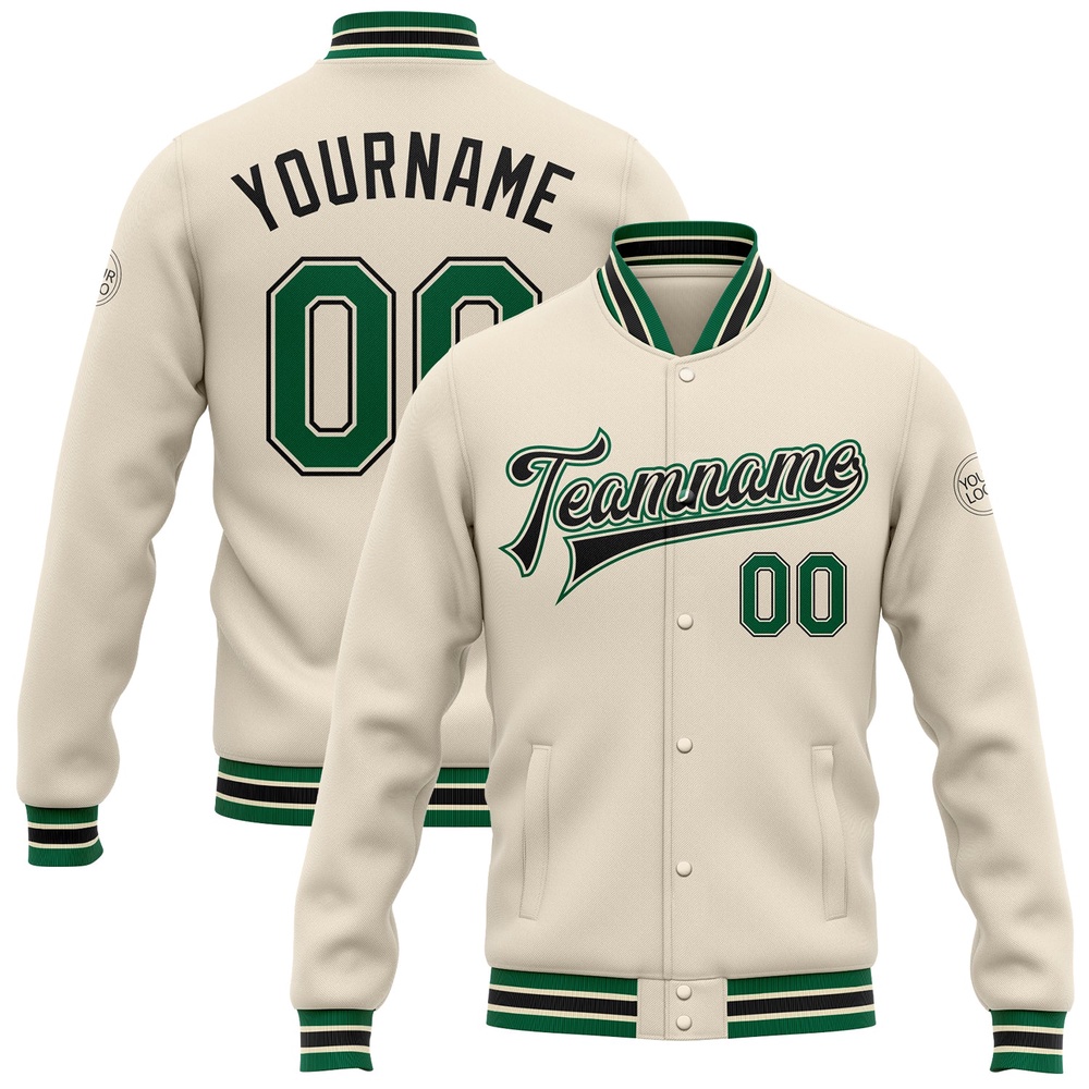 Custom Cream Kelly Green Black Bomber Full Snap Baseball Jacket, Custom Team Jacket