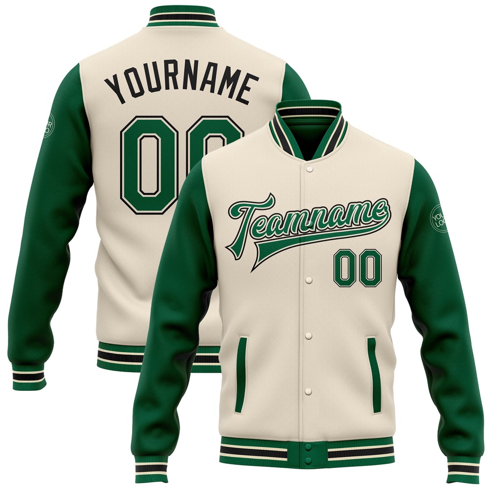 Custom Cream Kelly Green Black Bomber Full Snap Varsity Baseball Jacket, Custom Team Jacket