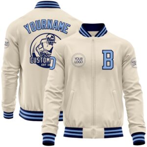 Custom Cream Light Blue Navy Bomber Varsity&hellip;