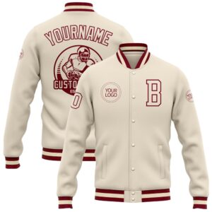 Custom Cream Maroon Bomber Full Snap Baseball&hellip;
