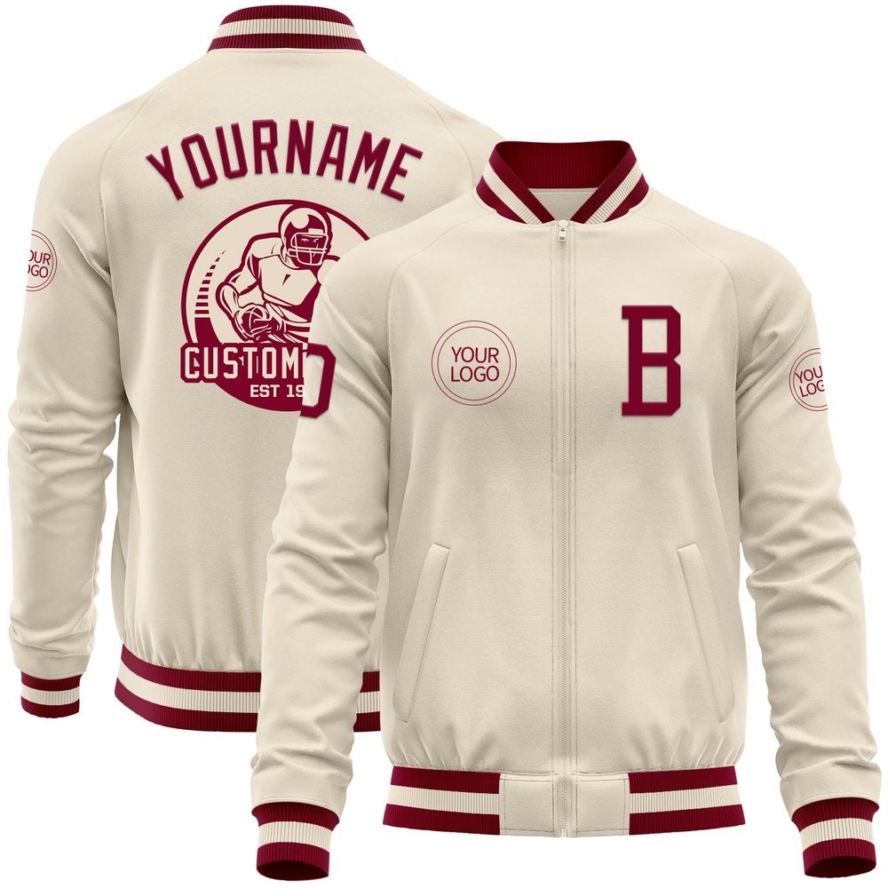 Custom Cream Maroon Bomber Varsity Baseball Jacket, Custom Team Jacket