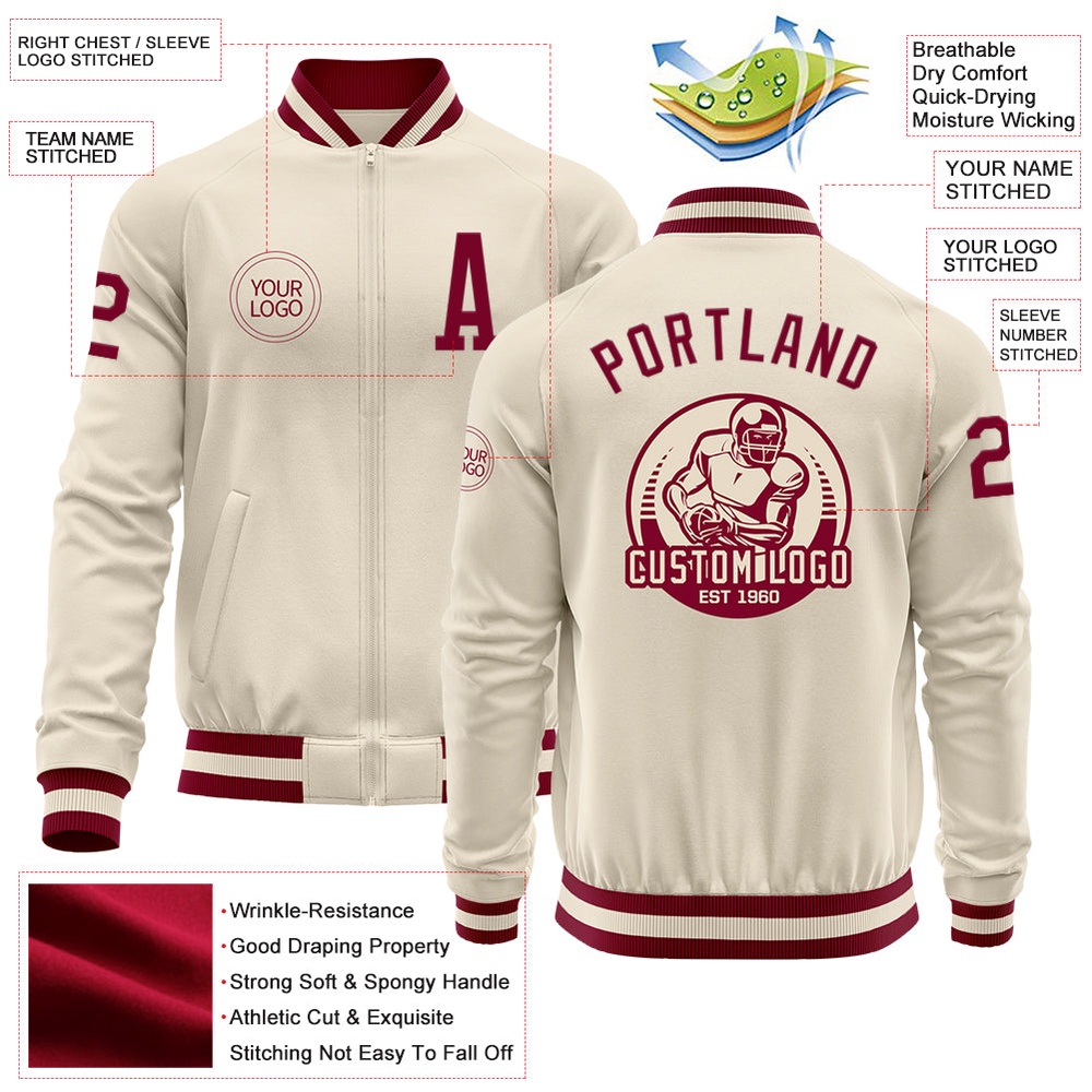 Custom Cream Maroon Bomber Varsity Baseball Jacket, Custom Team Jacket
