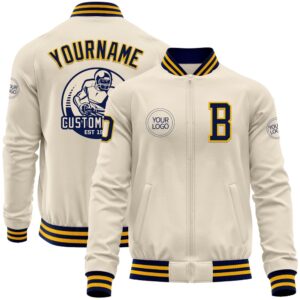 Custom Cream Navy Gold Bomber Varsity Baseball&hellip;