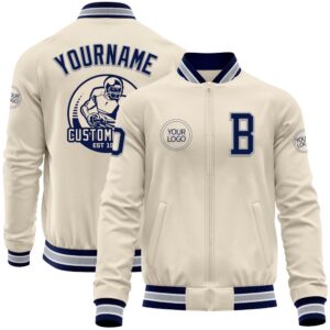 Custom Cream Navy Gray White Bomber Varsity&hellip;