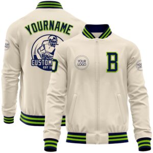 Custom Cream Navy Neon Green Bomber Varsity&hellip;