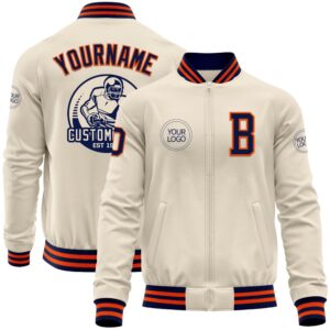 Custom Cream Navy Orange Bomber Varsity Baseball&hellip;