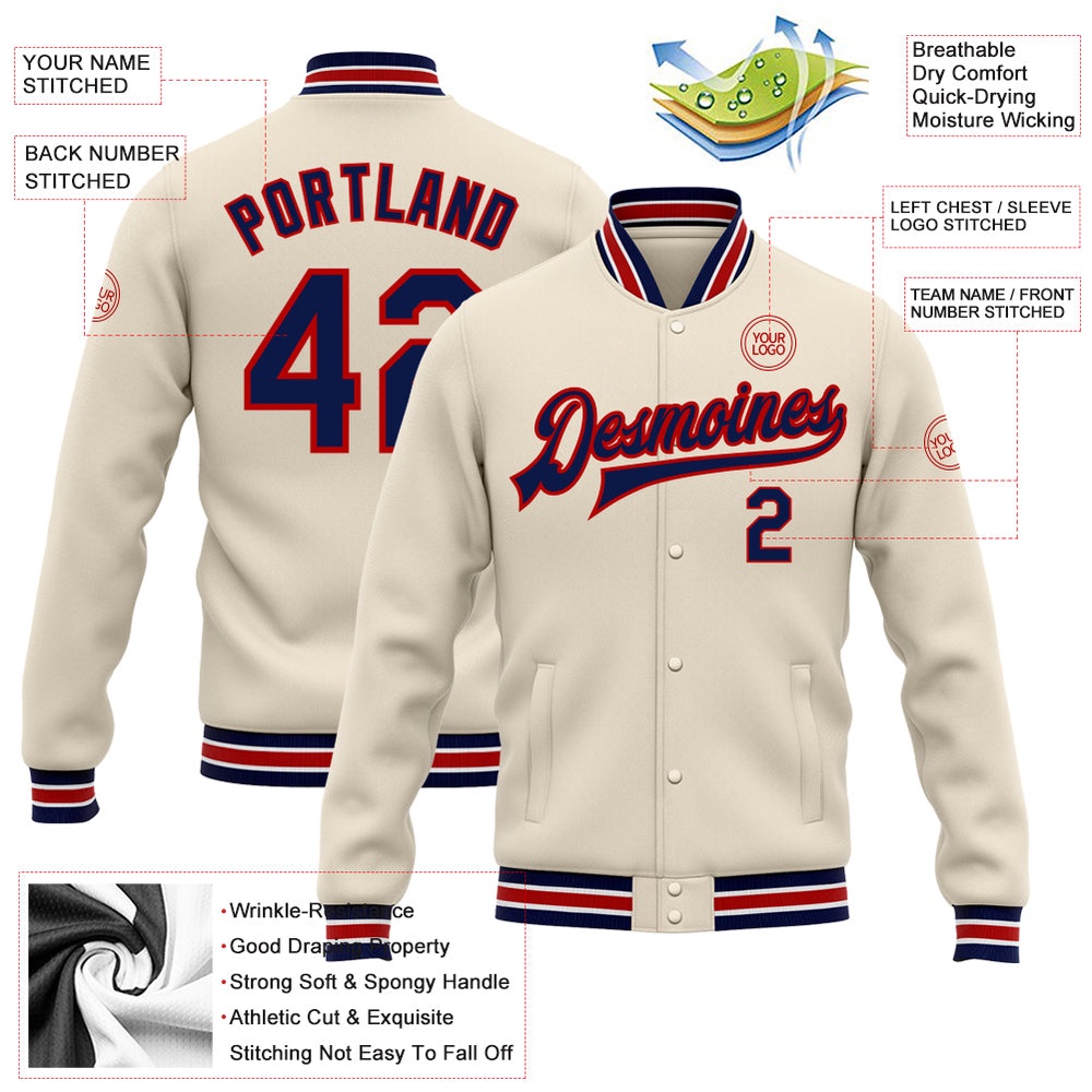 Custom Cream Navy Red Bomber Full Snap Baseball Jacket, Custom Team Jacket