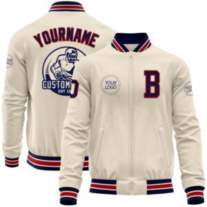Custom Cream Navy Red White Bomber Varsity&hellip;