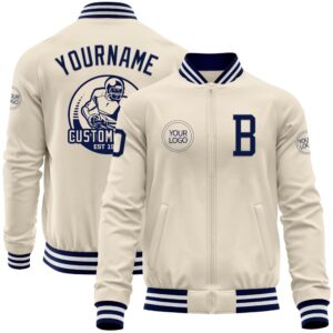 Custom Cream Navy White Bomber Varsity Baseball&hellip;