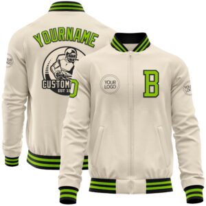 Custom Cream Neon Green Black Bomber Varsity&hellip;