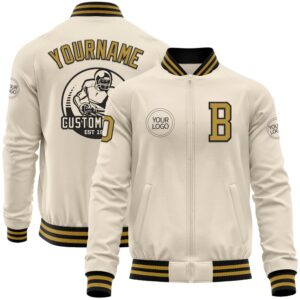 Custom Cream Old Gold Black Bomber Varsity&hellip;