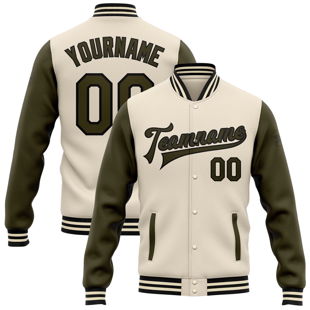 Custom Cream Olive Black Bomber Full Snap Varsity Baseball Jacket, Custom Team Jacket