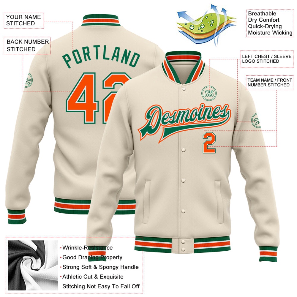 Custom Cream Orange Kelly Green Bomber Full Snap Baseball Jacket, Custom Team Jacket