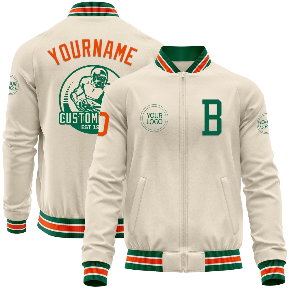 Custom Cream Orange Kelly Green White Bomber Varsity Baseball Jacket, Custom Team Jacket