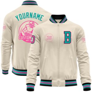 Custom Cream Pink Black Aqua Bomber Varsity&hellip;