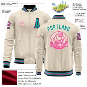 Custom Cream Pink Black Aqua Bomber Varsity&hellip;