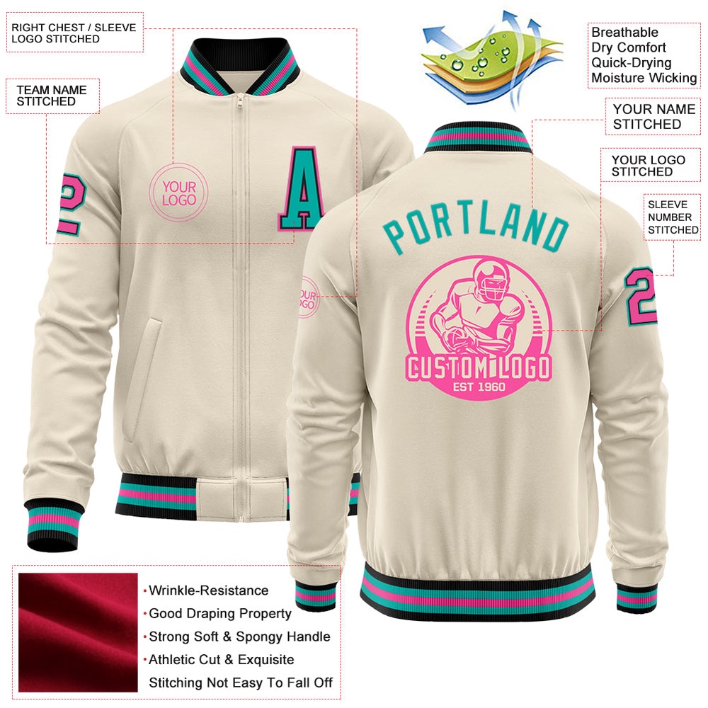 Custom Cream Pink Black Aqua Bomber Varsity Baseball Jacket, Custom Team Jacket