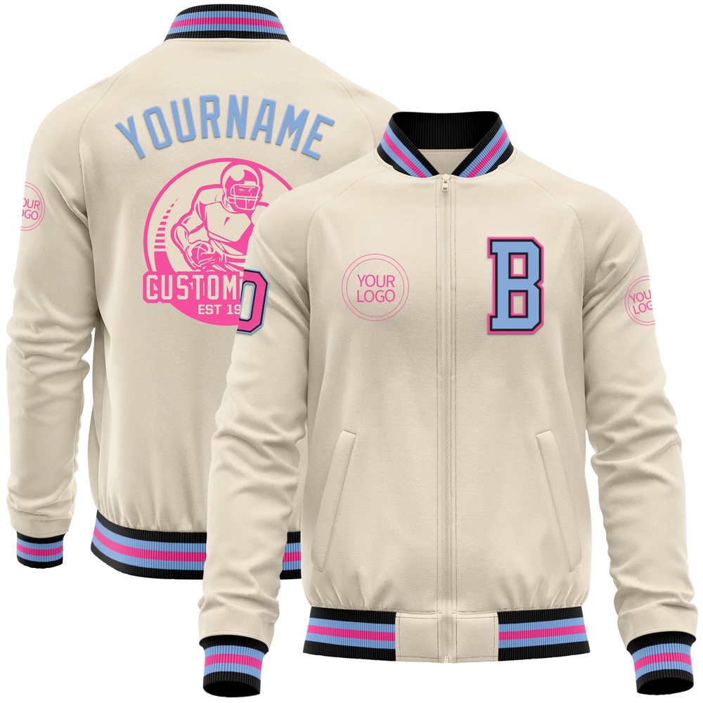 Custom Cream Pink Black Light Blue Bomber Varsity Baseball Jacket, Custom Team Jacket
