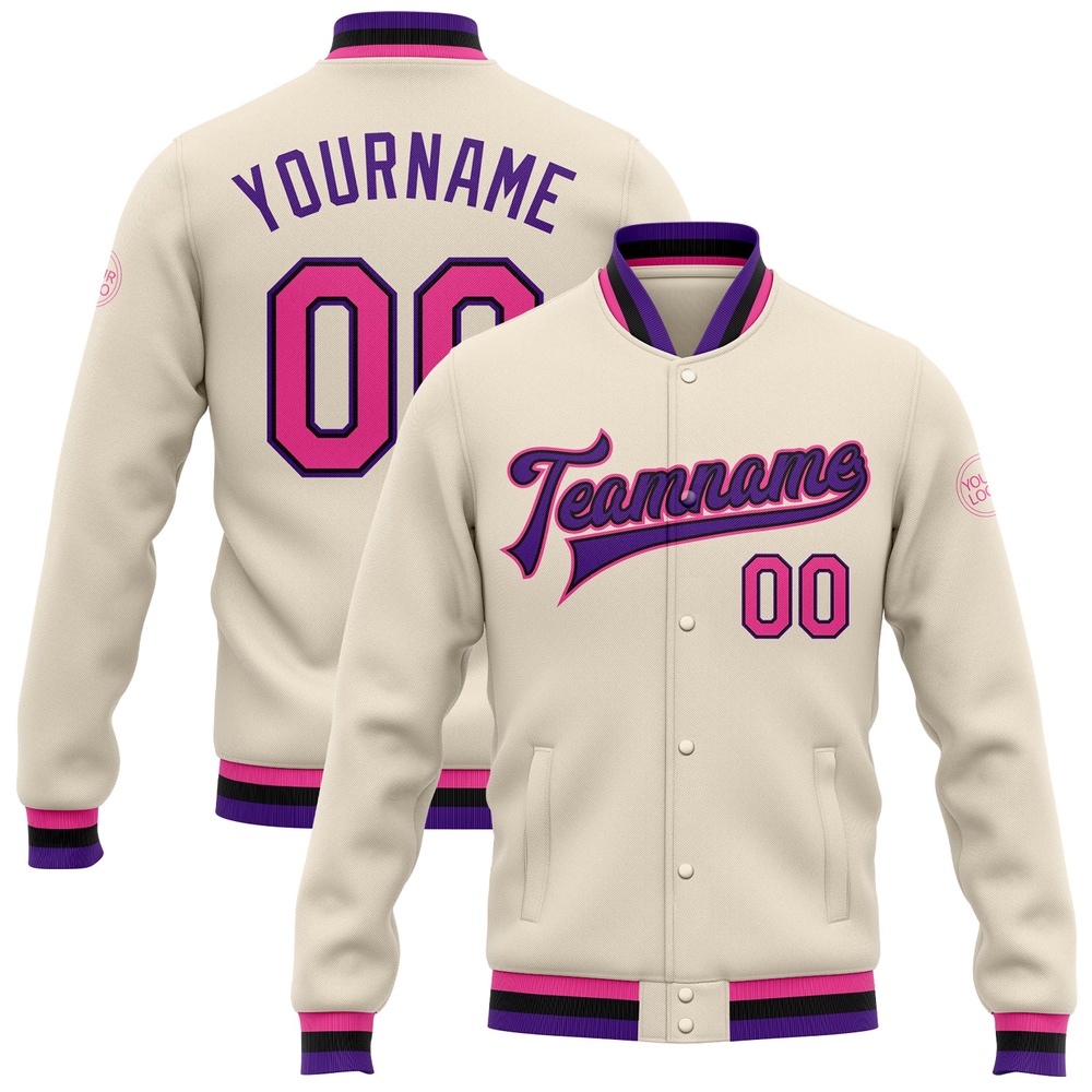 Custom Cream Pink Black Purple Bomber Full Snap Baseball Jacket, Custom Team Jacket