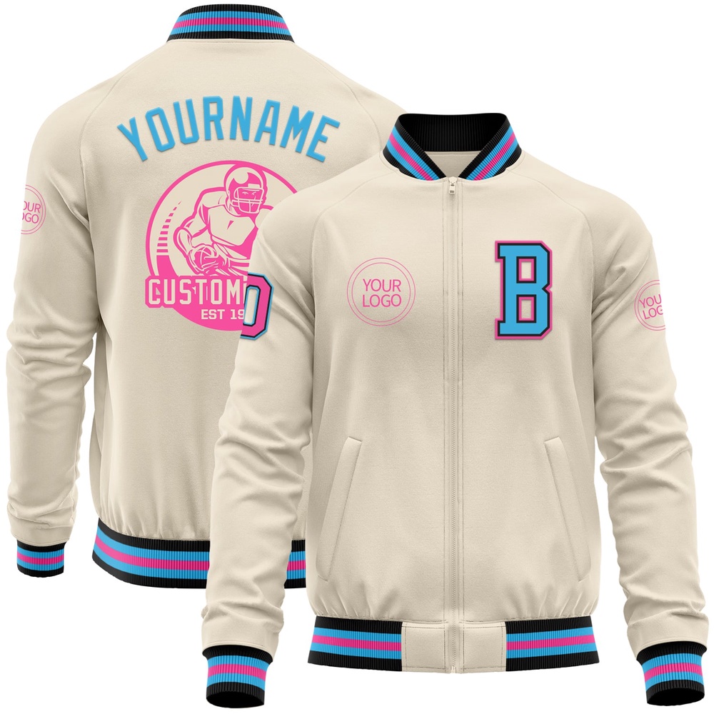 Custom Cream Pink Black Sky Blue Bomber Varsity Baseball Jacket, Custom Team Jacket