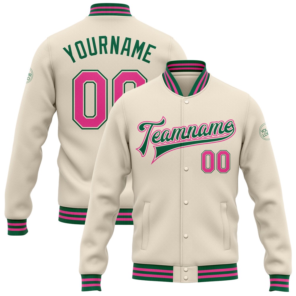 Custom Cream Pink Kelly Green Bomber Full Snap Baseball Jacket, Custom Team Jacket