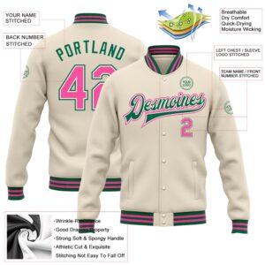 Custom Cream Pink Kelly Green Bomber Full Snap Baseball Jacket Custom Team Jacket 2 jsz5jo.jpg