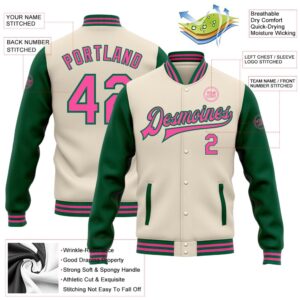 Custom Cream Pink Kelly Green Bomber Full Snap Varsity Baseball Jacket Custom Team Jacket 2 udq0fg.jpg
