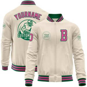 Custom Cream Pink Kelly Green Bomber Varsity&hellip;