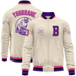 Custom Cream Pink Purple Black Bomber Varsity&hellip;
