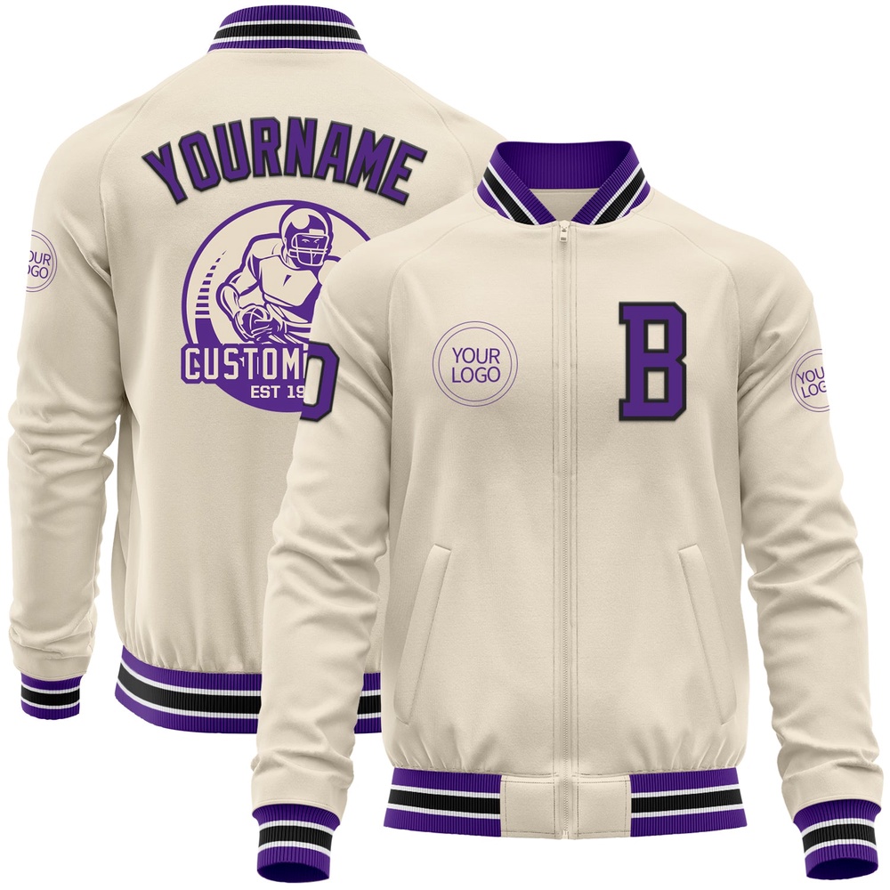Custom Cream Purple Black White Bomber Varsity Baseball Jacket, Custom Team Jacket