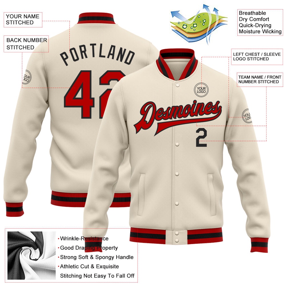 Custom Cream Red Black Bomber Full Snap Baseball Jacket, Custom Team Jacket