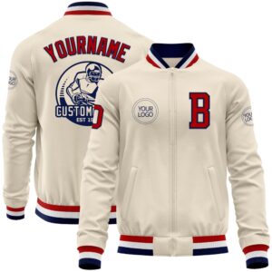 Custom Cream Red Navy White Bomber Varsity&hellip;