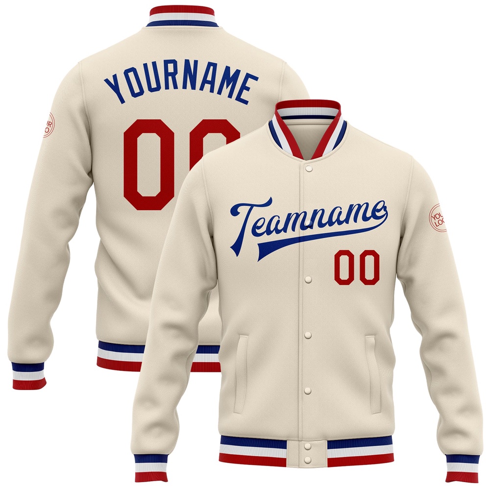 Custom Cream Red Royal Bomber Full Snap Baseball Jacket, Custom Team Jacket