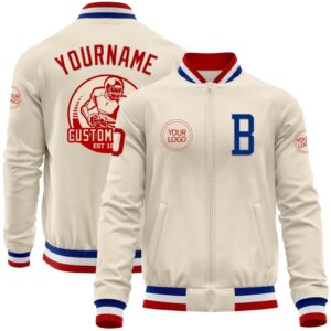 Custom Cream Red Royal White Bomber Varsity&hellip;